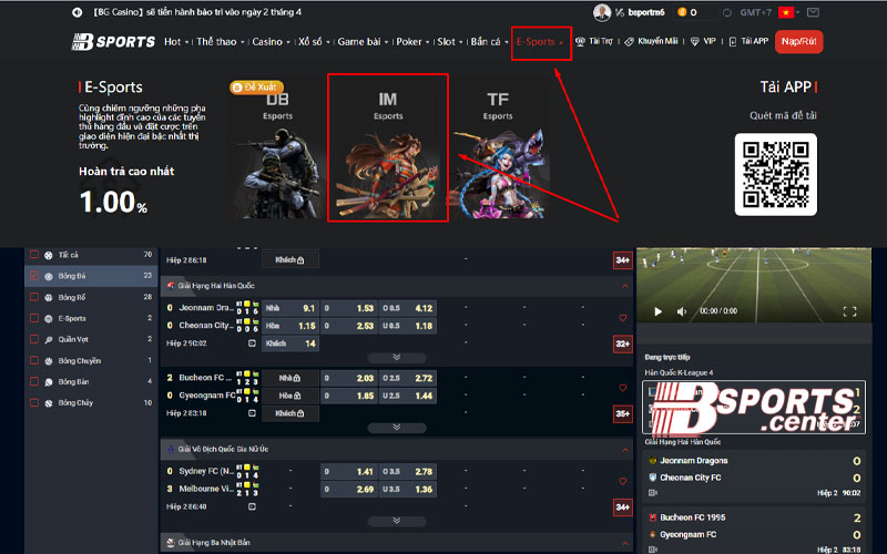 Cách vào cược sảnh IM Esport tại Bsports